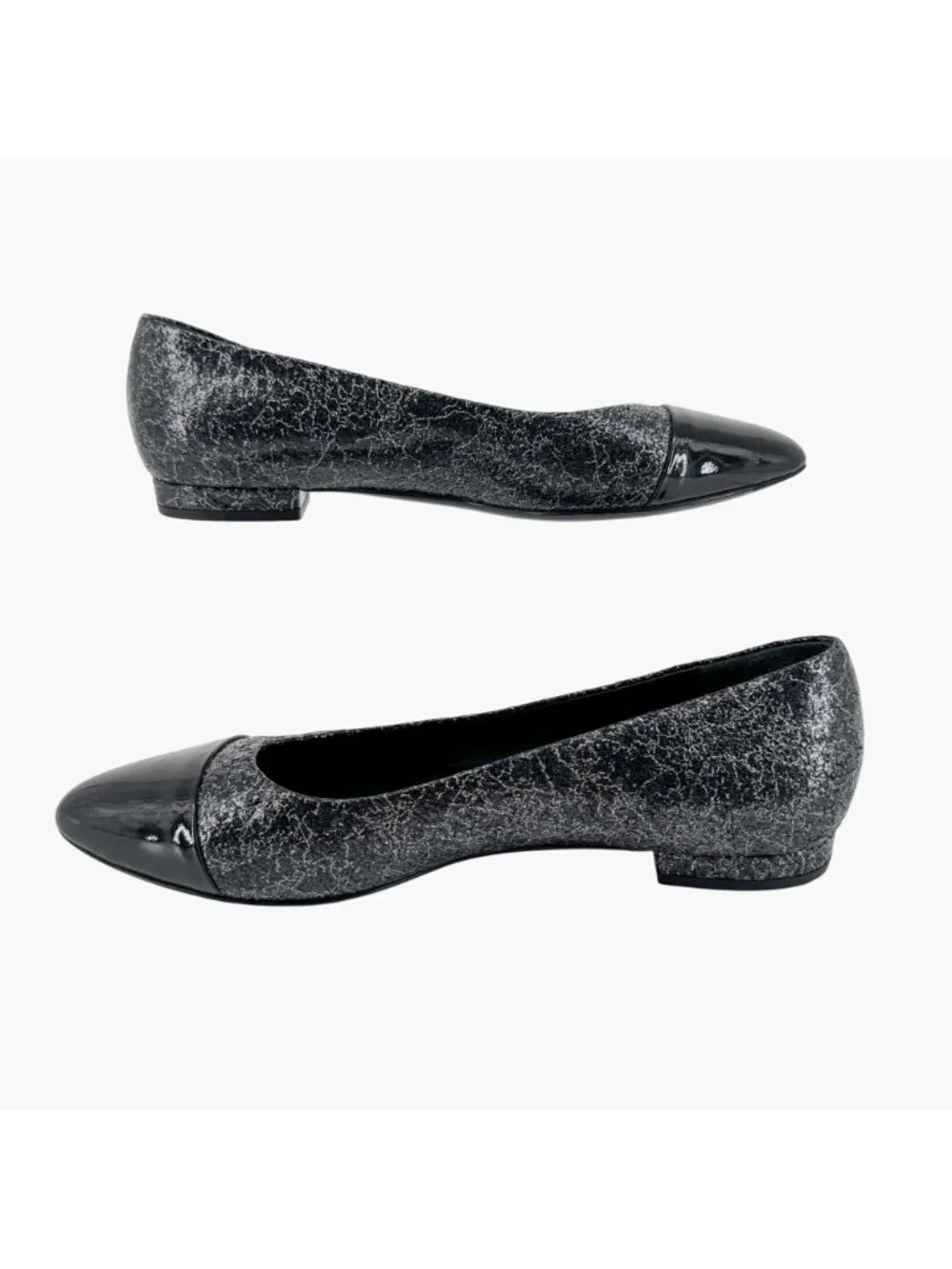 Chanel CC Cap Toe Ballet Flats Black Silver Leather Size 37.5 US 6.5–7 Women